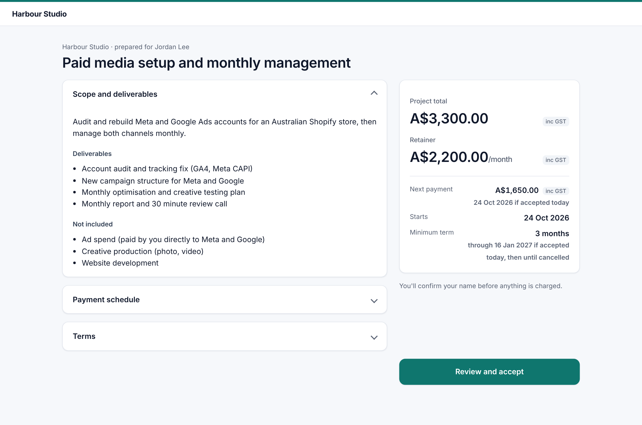 An example client offer page showing scope, an A$3,300 project total, an A$2,200 monthly retainer with a three-month minimum term, and a Review and accept button